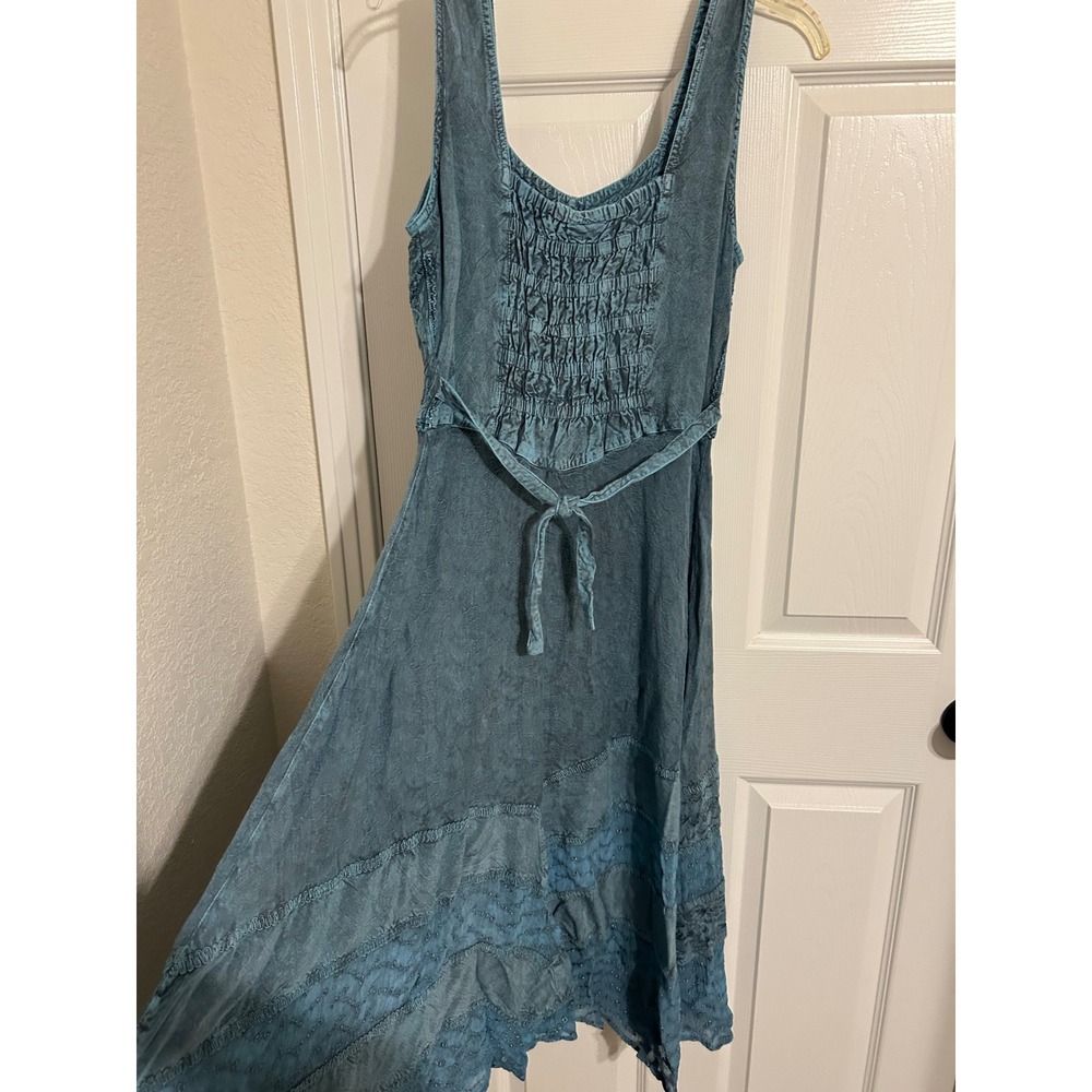 Advance Apparels Teal Blue Embroidered Boho Midi Dress Smocked Back Rayon L XL - Picture 2 of 9